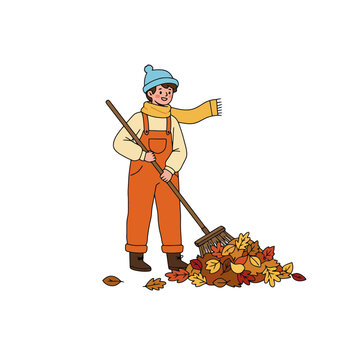 recommend clip art: Boy Raking Autumn Leaves Fall Cleaning Illustration