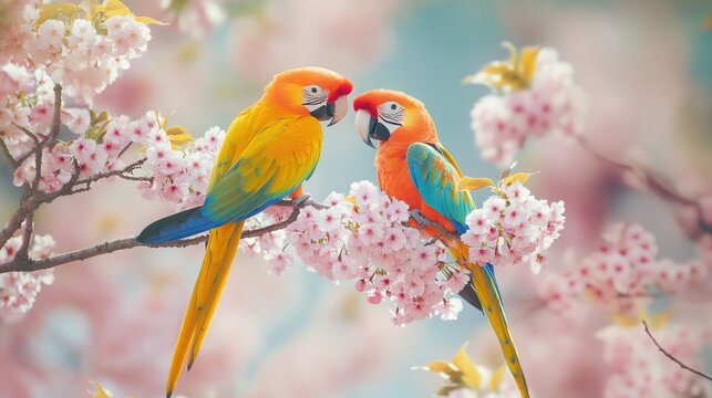 Two vividly colored parrots perched on a cherry blossom branch, exhibiting a strong bond with affectionate gestures. A picturesque spring scene.