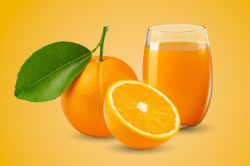 Fresh orange juice and orange fruit isolated on orange background