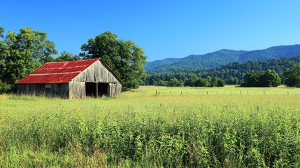 Obraz premium A rustic countryside view with a plant-covered field and a clear blue summer backdrop.