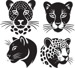 set of African Leopard face poses,African leopard face silhouette, African leopard head vector, black and white leopard face, leopard face poses set