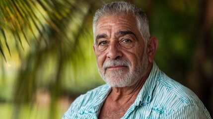 Distinguished senior Mediterranean man in tropical setting. Ideal for retirement lifestyle, travel experiences, and wisdom narratives.