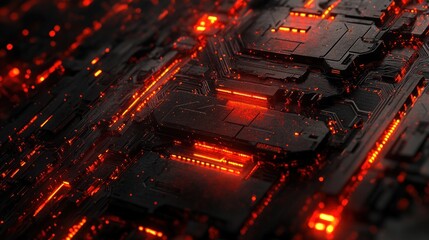 Naklejka premium Glowing Circuit Board Close-up, Red Energy, Tech Background, Futuristic Design
