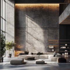 Modern concrete loft living room sunlit design