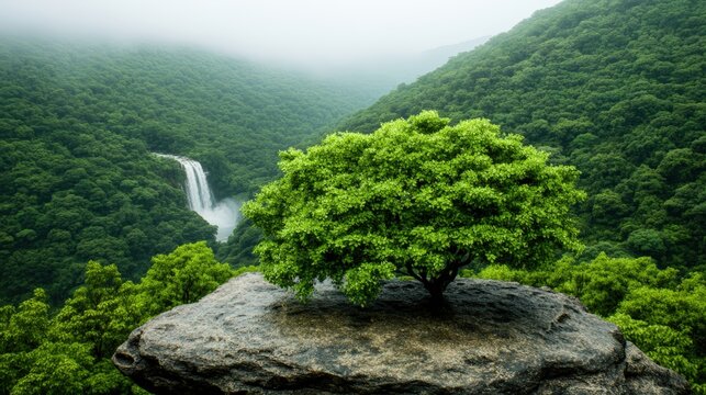 Tree growing on a large rock in cherrapunjee showcasing natural landscape and unique geological features