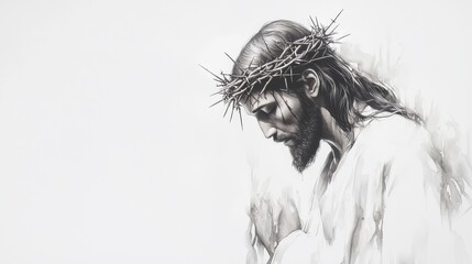 Fototapeta premium Somber and Reverent of Jesus Christ with Crown of Thorns a Symbolic Portrait of Suffering and Sacrifice in the Christian Faith