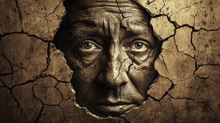 Intriguing portrait of an elderly man's face emerging from a cracked wall, revealing a story of resilience and struggle