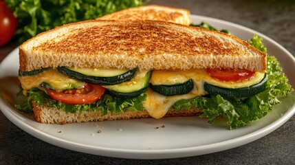 Sandwich on a white plate with grilled bread, tomato, cucumber, and lettuce. Served at a restaurant table.