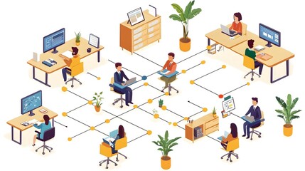 Conceptual of an office structure showcasing the management various departments and the roles and responsibilities of staff members within a collaborative workflow and organizational hierarchy
