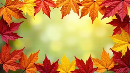 Vibrant Autumn Foliage Frame A Picturesque Border of Red, Orange, and Yellow Maple Leaves Against a Soft, Blurred Background, Ideal for Seasonal Designs and Fall-Themed Projects