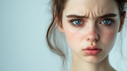 Naklejka premium A young woman's annoyed expression, looking into the camera. Facial details with fine lines and shades of emotion.