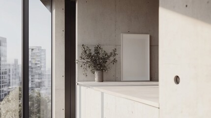 Fototapeta premium Modern Concrete Interior with City View and Plants