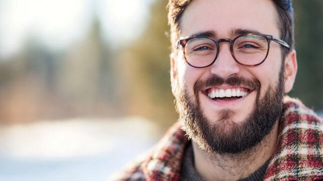 Joyful bearded man in plaid shirt outdoors. Ideal for casual fashion, authentic happiness, and natural lifestyle content.