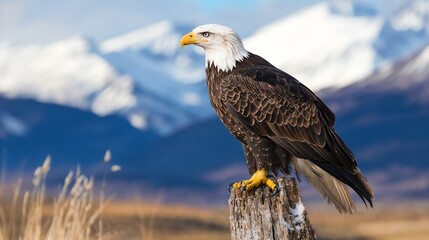 Majestic bald eagle perched with mountain backdrop. Ideal for wildlife, nature conservation, and national symbol content.