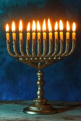 Fototapeta premium This is a golden Hanukkah candelabra, an eight-branched menorah used during the Jewish holiday of Hanukkah. The candles are lit and represent the Festival of Lights which lasts for eight days.