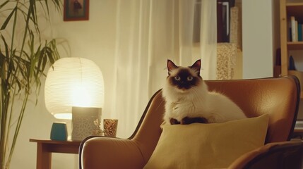 Cat sits gracefully on a vintage chair in a cozy, sunlit living room filled with elegant decor