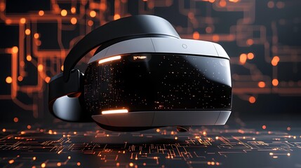 Futuristic virtual reality headset with glowing circuitry patterns in the dark high tech background  Advanced wearable technology immersive digital experience and innovative digital design concept