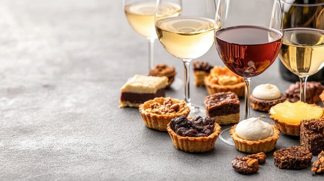 Table set with wine cookies desserts and close-up of dessert pairing with white wine on a wooden surface