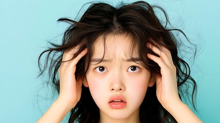 Fototapeta premium Expressing frustration with tousled hair against a simple background