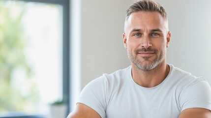 Obraz premium Confident mature man in white t-shirt indoors. Perfect for wellness lifestyle, active aging, and professional portraits content.