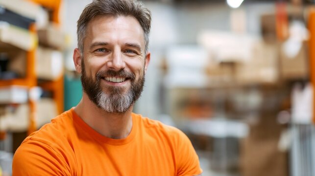 Cheerful warehouse worker in orange uniform. Perfect for logistics professionals, workplace happiness, and industrial expertise content.