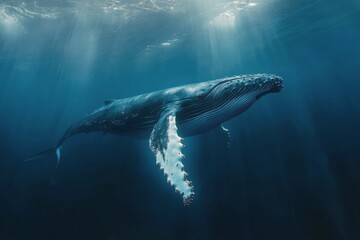 Fototapeta premium Humpback whale gracefully swimming in deep ocean waters during daylight