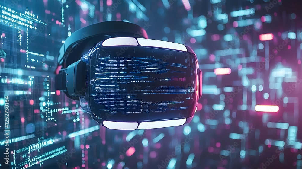 Poster futuristic visualization of immersive virtual reality headset technology connected to a complex digi