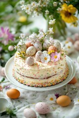 Fototapeta premium A chocolate cake adorned with colorful eggs and flowers, celebrating the Easter holiday.