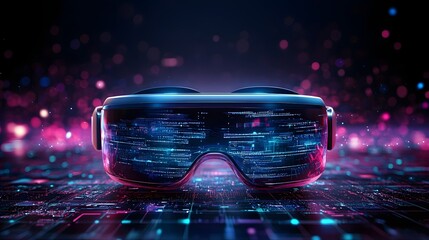 Immersive virtual reality glasses submerged in a mesmerizing network of digital data streams surrounded by vibrant futuristic visuals and prismatic glowing effects