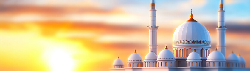 A stunning view of a grand mosque at sunset, showcasing intricate architecture and serenity.