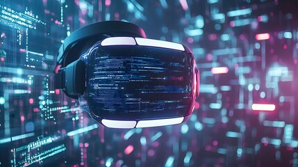 Futuristic visualization of immersive virtual reality headset technology connected to a complex digital data network  Showcasing the concepts of advanced computing connectivity