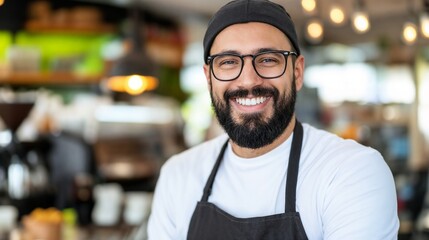 Obraz premium Happy barista in modern café environment. Ideal for coffee culture, hospitality service, and small business success content.