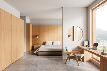 Modern bedroom interior with natural wood accents and minimalist furniture. 3D Rendering