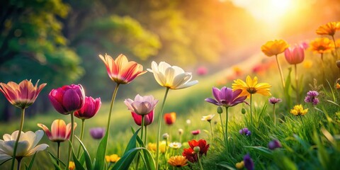 Fototapeta premium Vibrant wildflowers bathed in the warm glow of the setting sun, a picturesque scene of blooming beauty and natural splendor