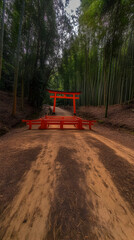 Bamboo Forest Path, Red Torii Gate Illustration