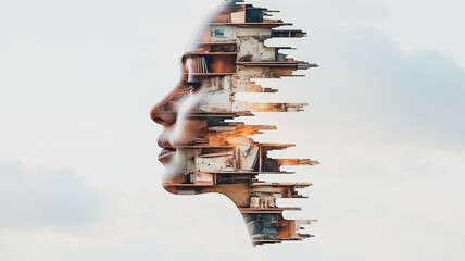 The Bookworm's Soul: A captivating double exposure portrait, where a woman's profile seamlessly merges with a cascade of books, symbolizing the profound connection between knowledge and identity.  