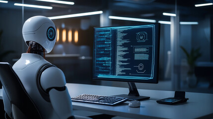 create a realistic photograph of ok a futuristic workspace featuring a computer displaying AI algorithms, modern tech, and cool ambient lighting