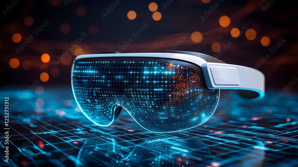 Poster immersive virtual reality glasses creating a futuristic environment with glowing data streams digita