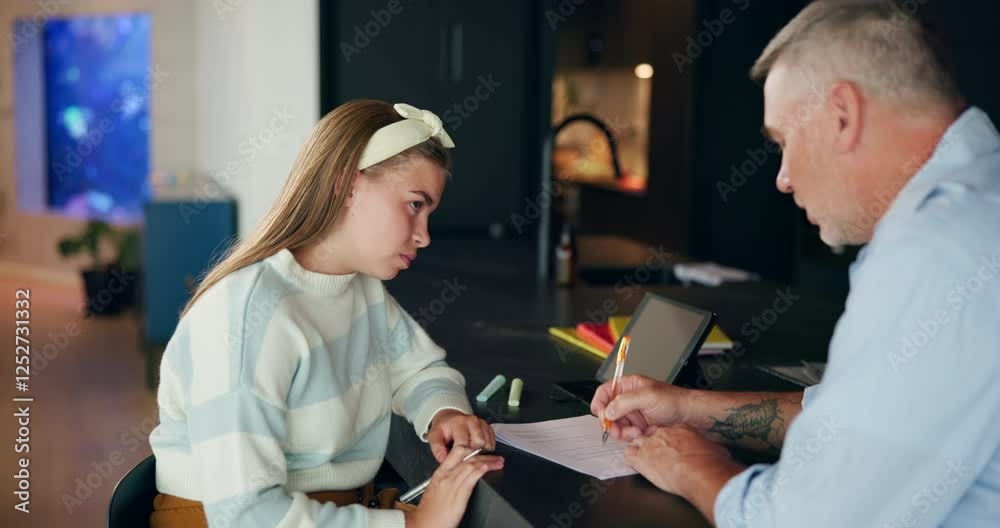 Poster Help, school and dad with child with homework for learning, project and lesson for assessment. Family, happy and father with teenager with notebook for knowledge, education and development in home
