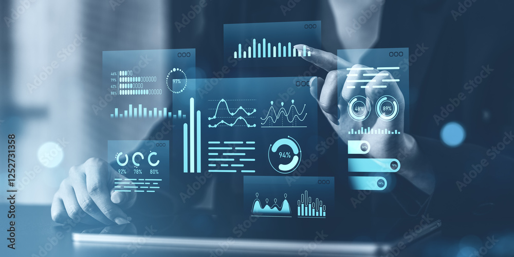 Poster interactive virtual data interface with digital analytics graphics in blue tones.