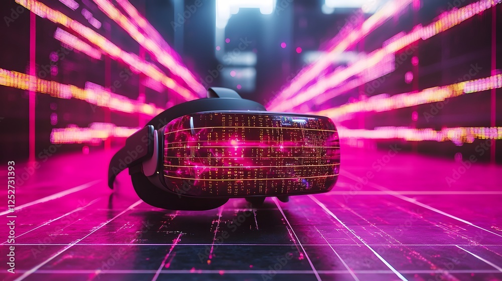 Poster futuristic and immersive virtual reality environment with glowing data streams grids and abstract di