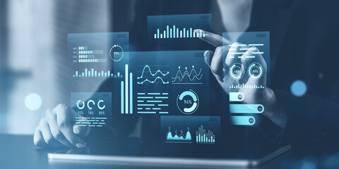 Interactive virtual data interface with digital analytics graphics in blue tones.