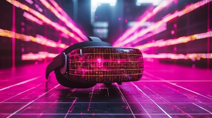 Futuristic and immersive virtual reality environment with glowing data streams grids and abstract digital visuals  Cyberpunk inspired 3D render with a minimalist high tech aesthetic