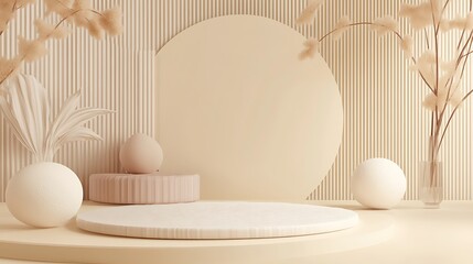 Fototapeta premium Minimalist Beige Aesthetic Display Platform With Dried Flowers