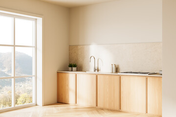 Modern kitchen interior with wooden cabinets and large window. 3D Rendering