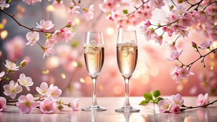 Two Champagne Flutes Amongst Delicate Pink Blossoms, A Toast to Spring's Gentle Arrival