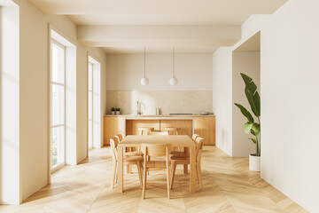 Modern kitchen interior with a wooden dining table and chairs. 3D Rendering