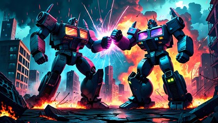 Clash of Titans: Two colossal robotic figures locked in an epic showdown amidst a fiery urban landscape. The vibrant energy pulses between them, promising a cataclysmic clash.