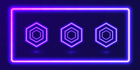 Set Of Neon Color Hexagon. Neon double frame with shining effects. Neon pentagon frame or neon lights sign. Vector abstract background, tunnel, portal. Geometric glow outline pentagon laser background