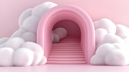 Pink archway stairs leading to clouds, pastel background
